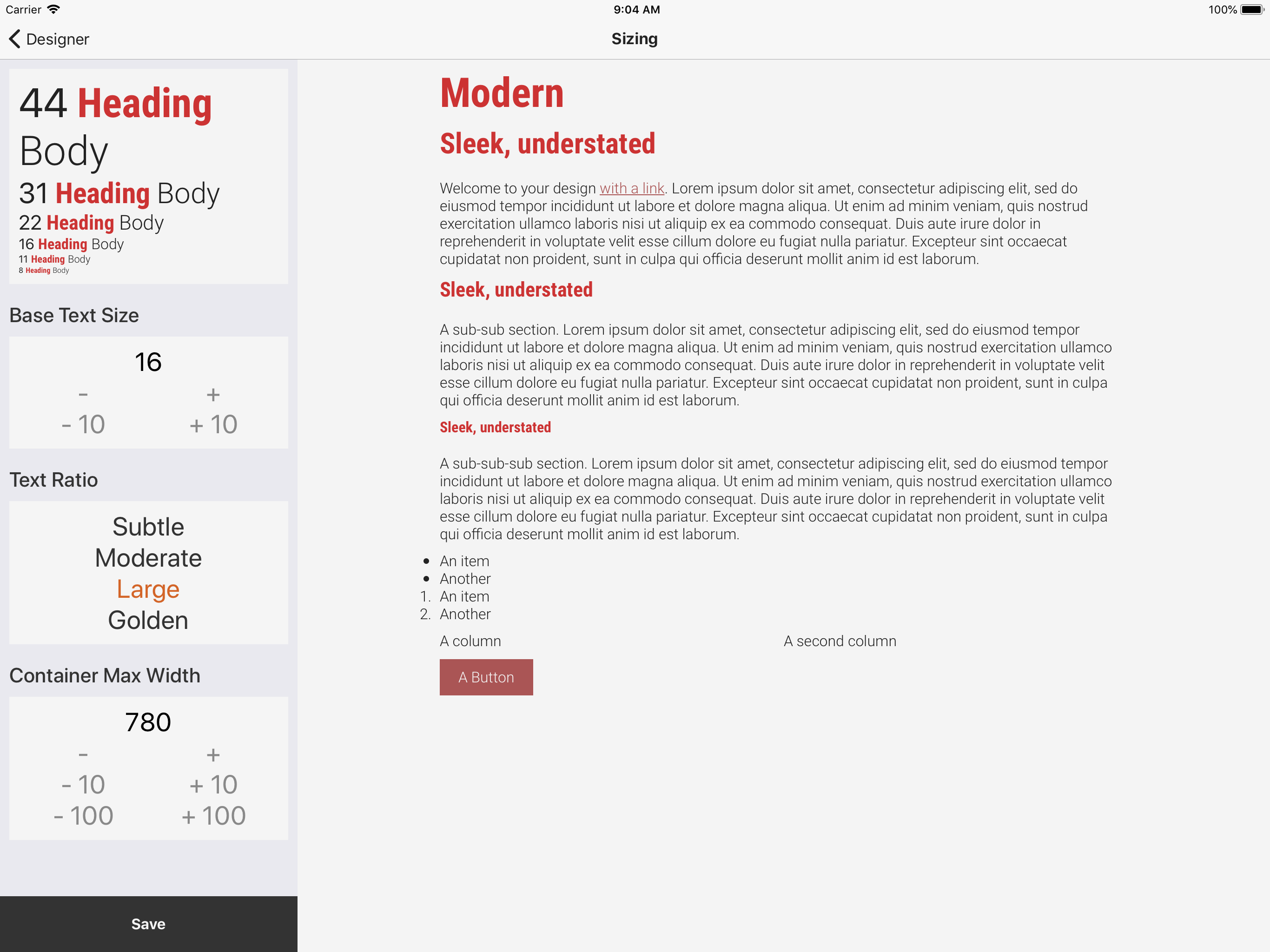 Choose spacings and sizes